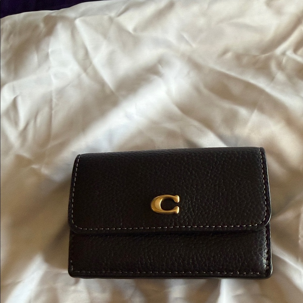Coach Black Pebbled Leather Compact Wallet with Gold C Emblem